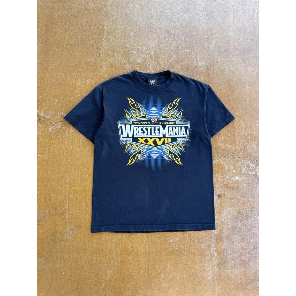 2011 World Wrestling WrestleMania Flames Navy Blue T-Shirt Y2K Atlanta WWE (L)
